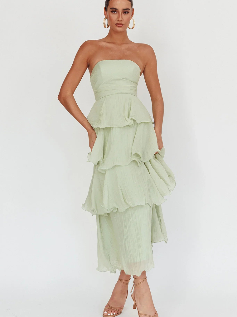 Giavana Strapless Layered Midi Dress Sage 1