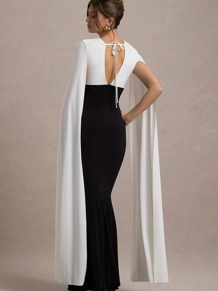 Grace Kelly | Black & White Plunge-Neck Maxi Dress With Cape Sleeves 2