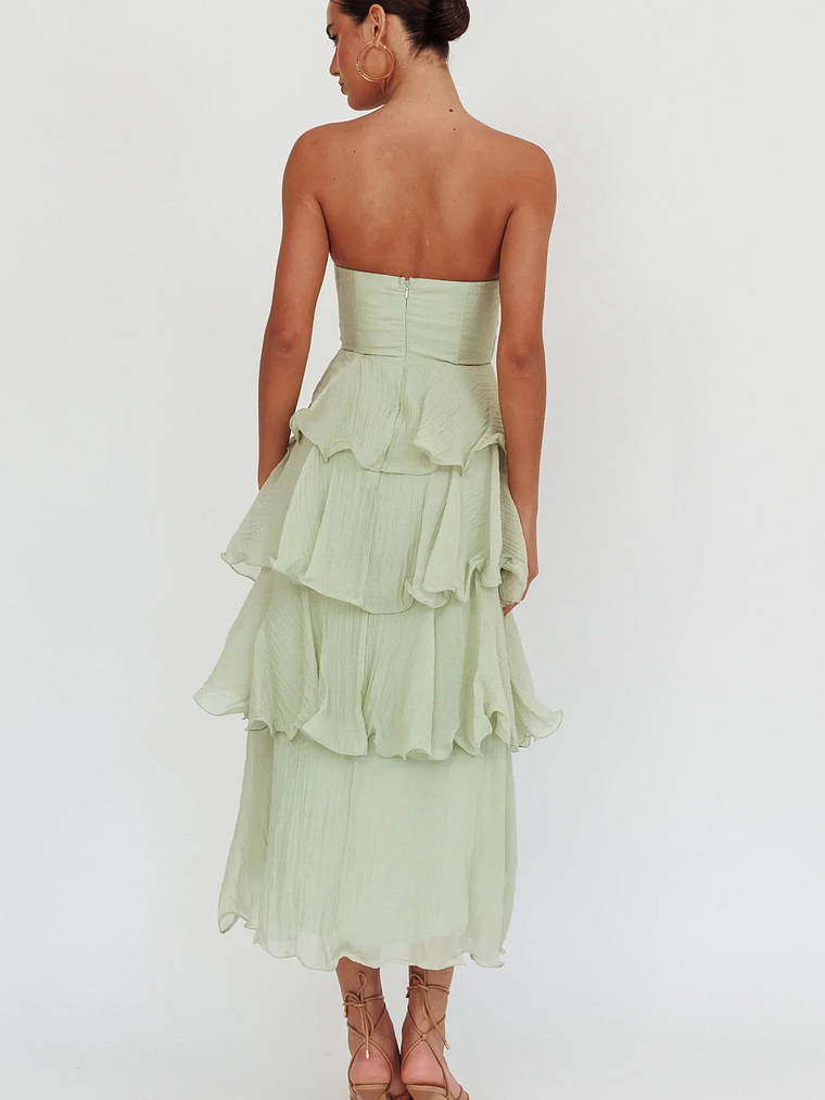 Giavana Strapless Layered Midi Dress Sage 2