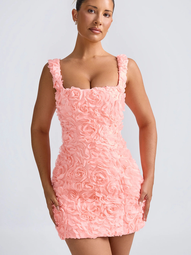 Floral-Appliqué Corset Mini Dress in Coral 6