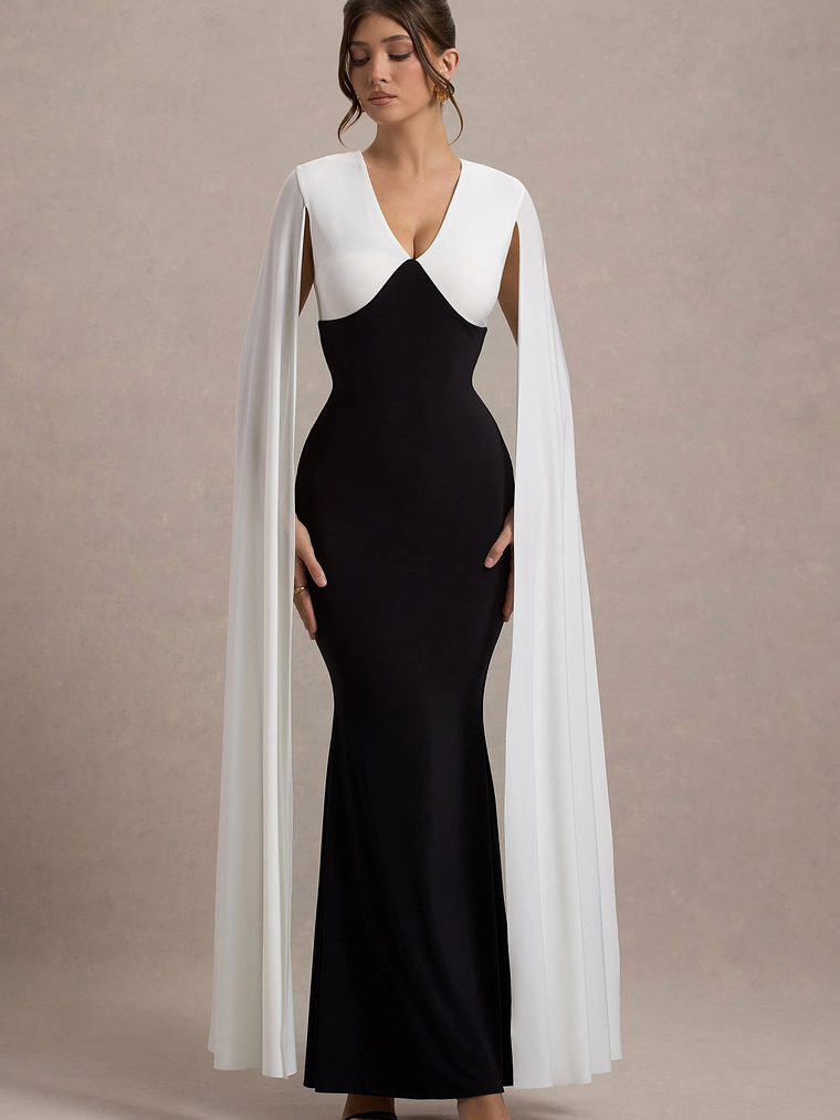 Grace Kelly | Black & White Plunge-Neck Maxi Dress With Cape Sleeves 4