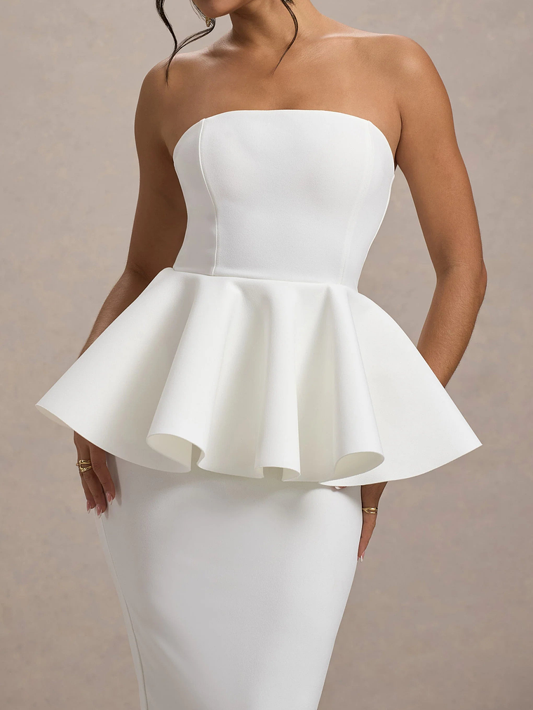 First Dance | White Bandeau Peplum Midi Dress 3