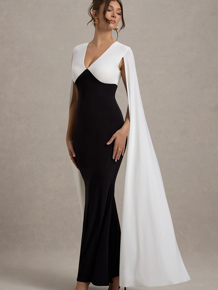 Grace Kelly | Black & White Plunge-Neck Maxi Dress With Cape Sleeves 5