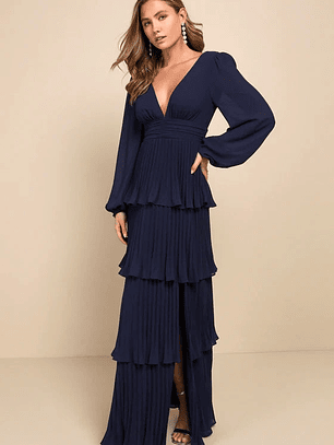Graceful Finesse Navy Blue Pleated Long Sleeve Maxi Dress