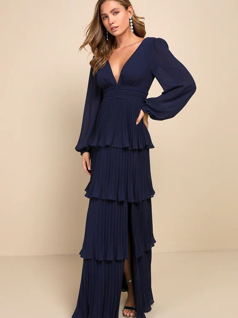 Graceful Finesse Navy Blue Pleated Long Sleeve Maxi Dress 1