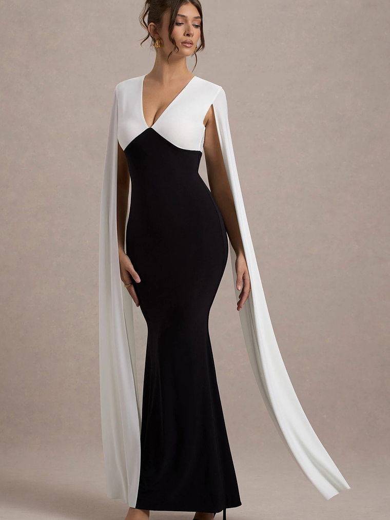 Grace Kelly | Black & White Plunge-Neck Maxi Dress With Cape Sleeves 6