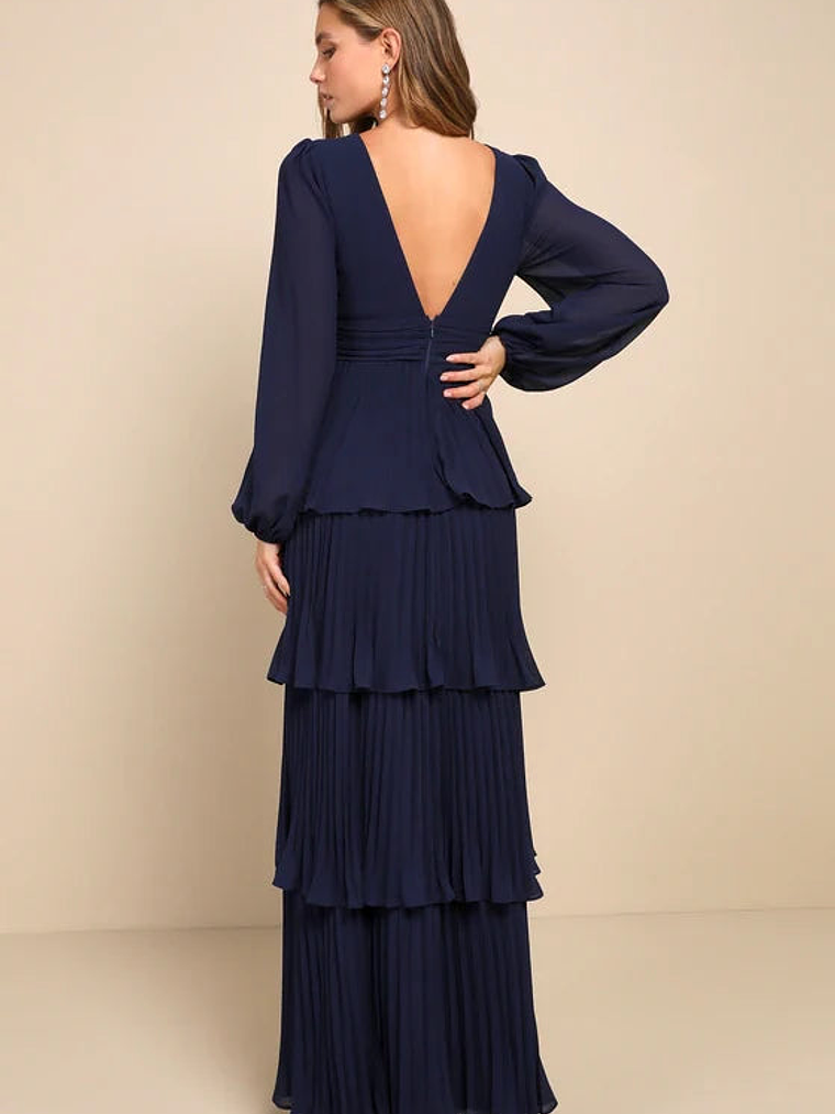 Graceful Finesse Navy Blue Pleated Long Sleeve Maxi Dress 2