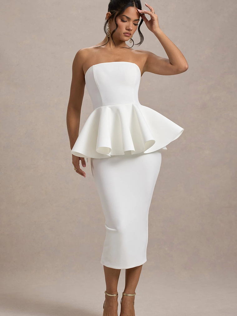 First Dance | White Bandeau Peplum Midi Dress 5