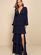 Graceful Finesse Navy Blue Pleated Long Sleeve Maxi Dress - thumbnail 3