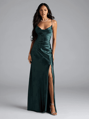 Gigi Cowl Neck Button Slit Satin Formal Dress