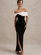 Eva | Black & White Bardot Bow Detail Maxi Dress With Thigh Split - thumbnail 1