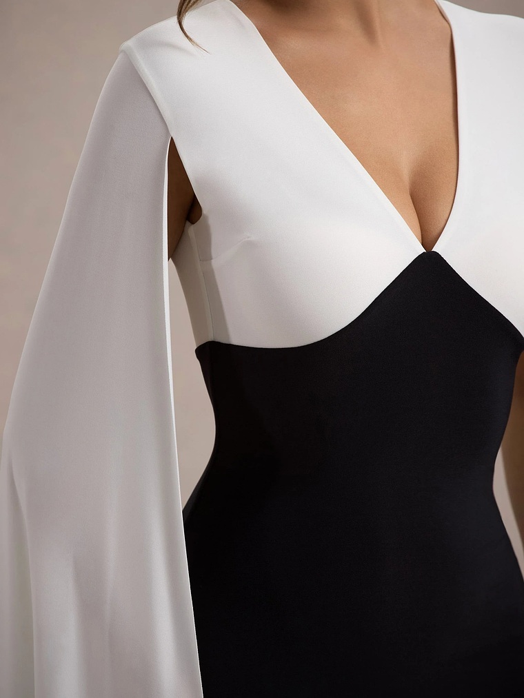 Grace Kelly | Black & White Plunge-Neck Maxi Dress With Cape Sleeves 7