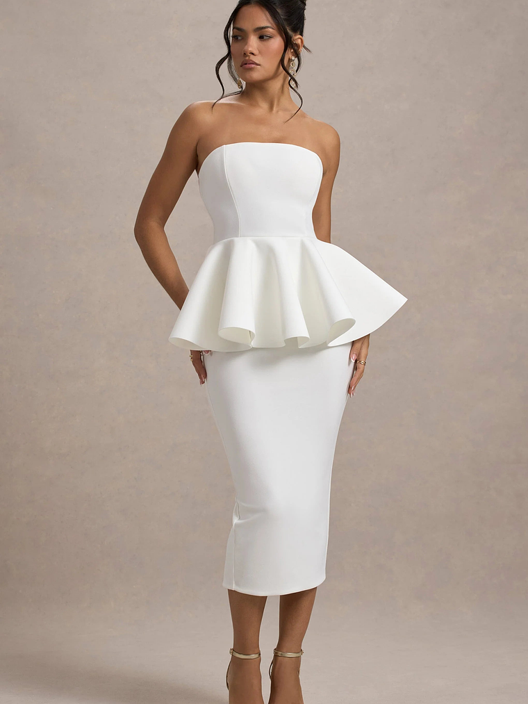 First Dance | White Bandeau Peplum Midi Dress 6