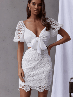 First Love Tied Bust Lace Dress White