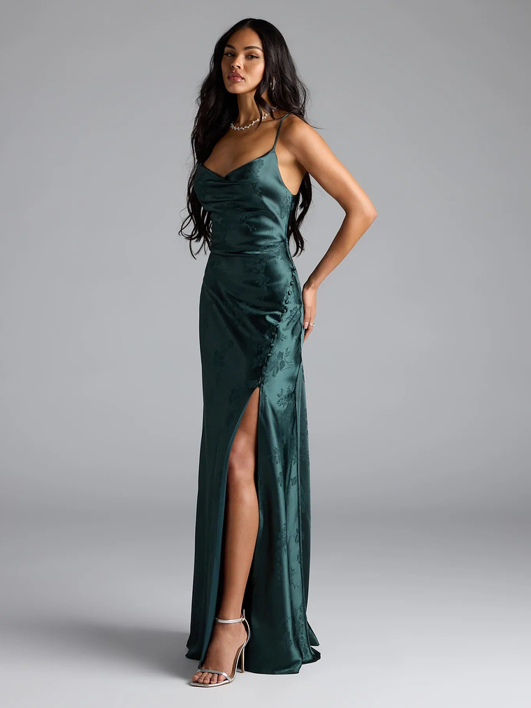 Gigi Cowl Neck Button Slit Satin Formal Dress 4