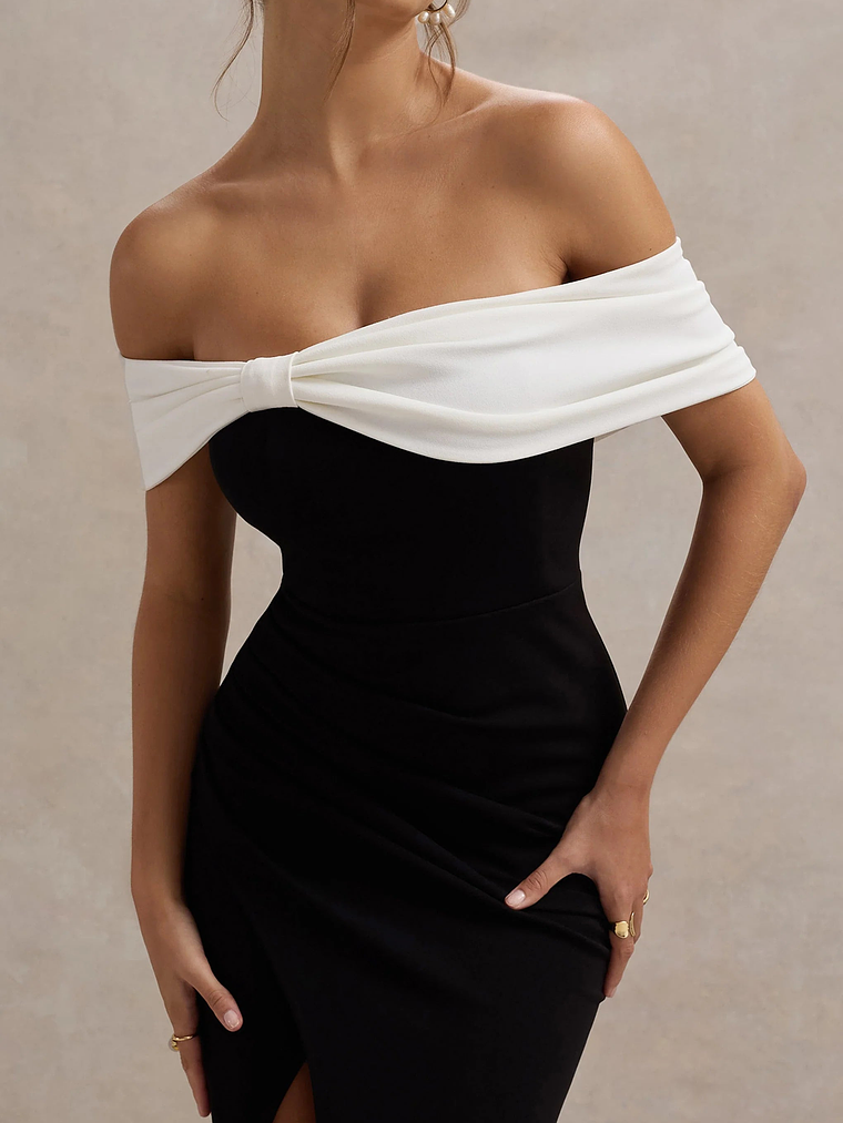 Eva | Black & White Bardot Bow Detail Maxi Dress With Thigh Split 3