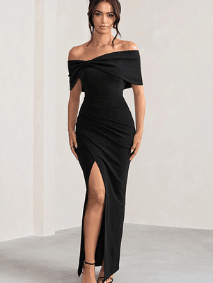 Eva | Black Bardot Bow Detail Maxi Dress With Thigh Split