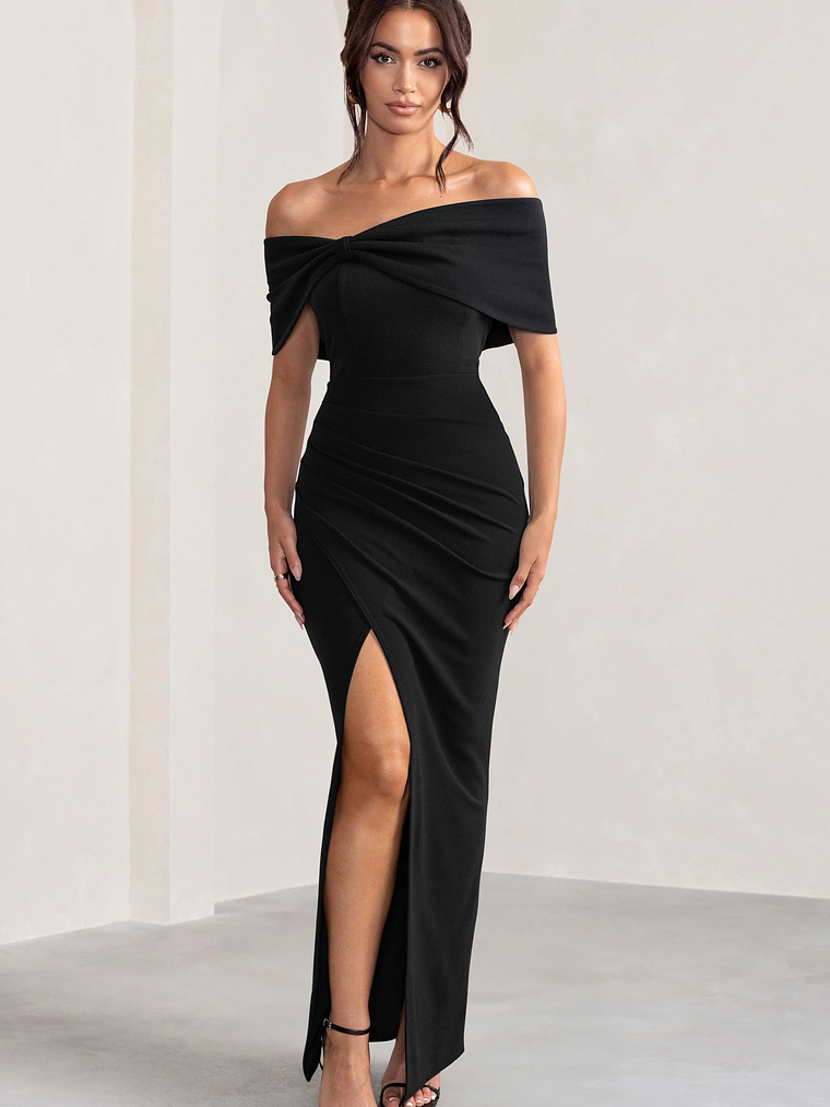 Eva | Black Bardot Bow Detail Maxi Dress With Thigh Split 1