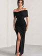 Eva | Black Bardot Bow Detail Maxi Dress With Thigh Split - thumbnail 1