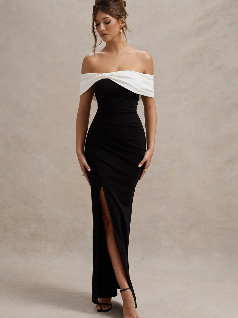 Eva | Black & White Bardot Bow Detail Maxi Dress With Thigh Split 5
