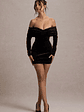 Gilda | Black Velvet Bardot Long-Sleeve Mini Dress - thumbnail 1