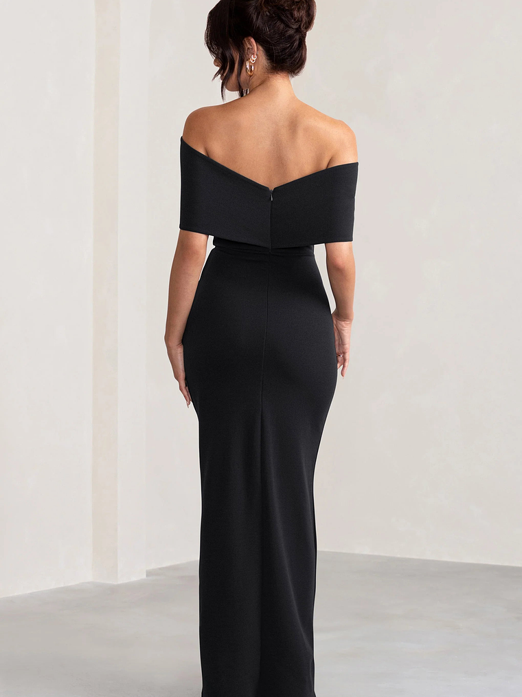 Eva | Black Bardot Bow Detail Maxi Dress With Thigh Split 2