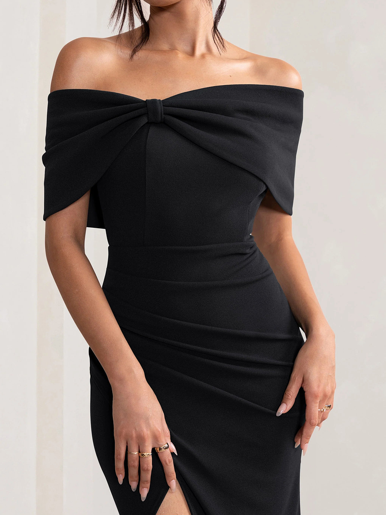 Eva | Black Bardot Bow Detail Maxi Dress With Thigh Split 3