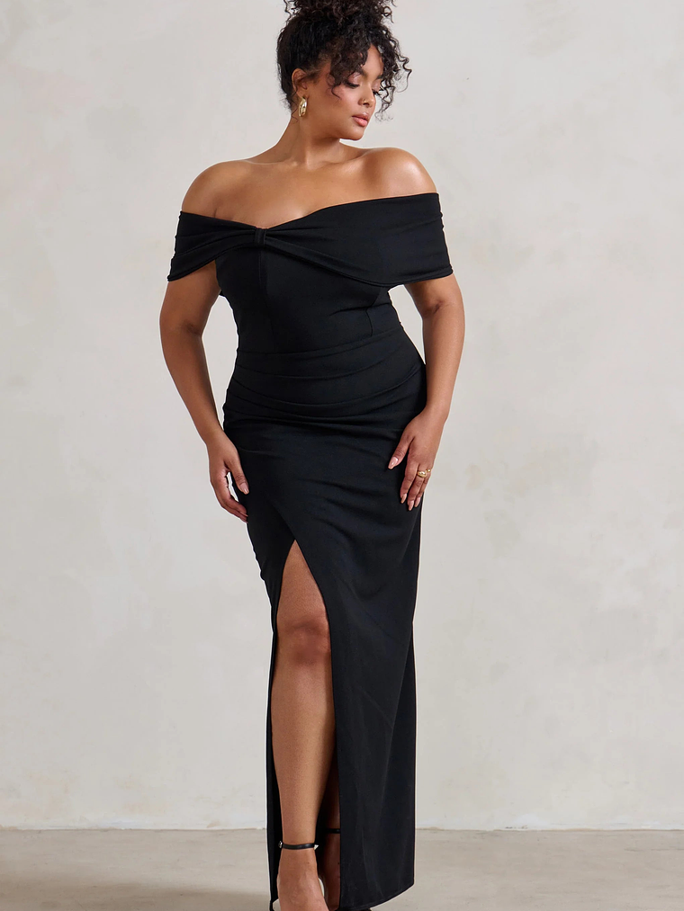 Eva | Black Bardot Bow Detail Maxi Dress With Thigh Split 4