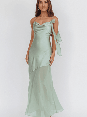 Gilded Dream Shoulder Detail Chiffon Hem Maxi Dress Sage