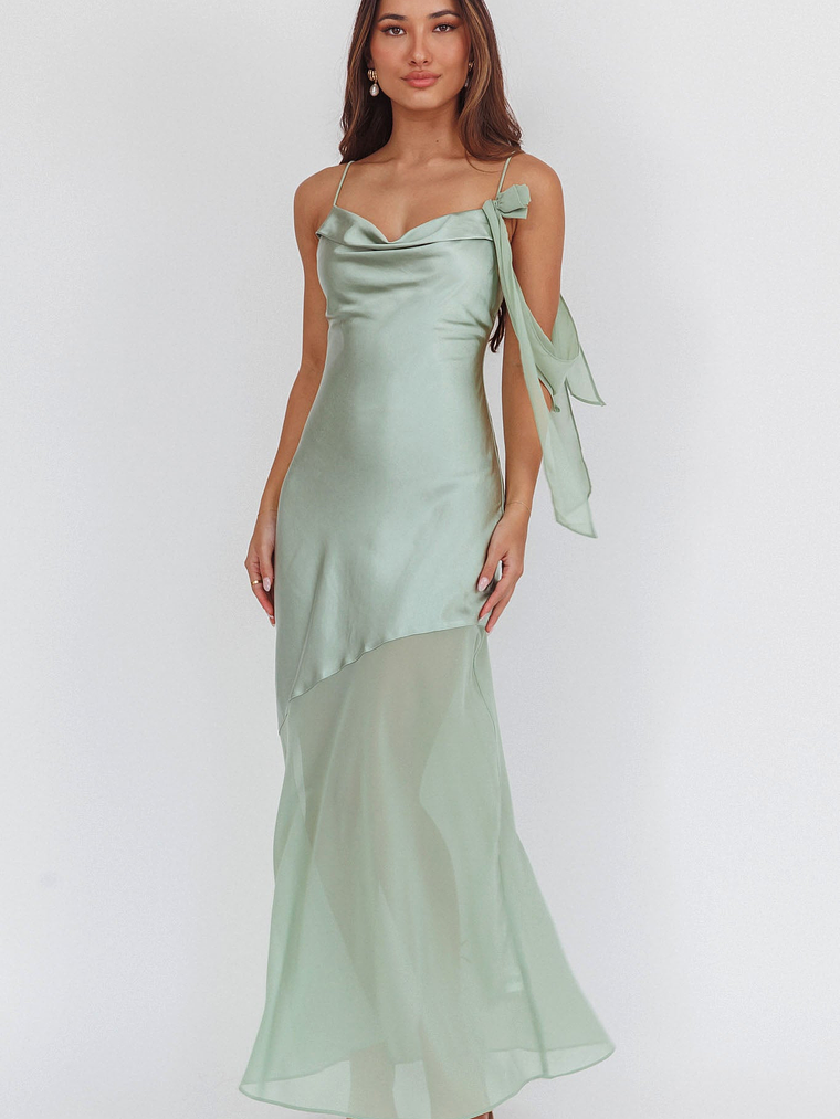 Gilded Dream Shoulder Detail Chiffon Hem Maxi Dress Sage 1