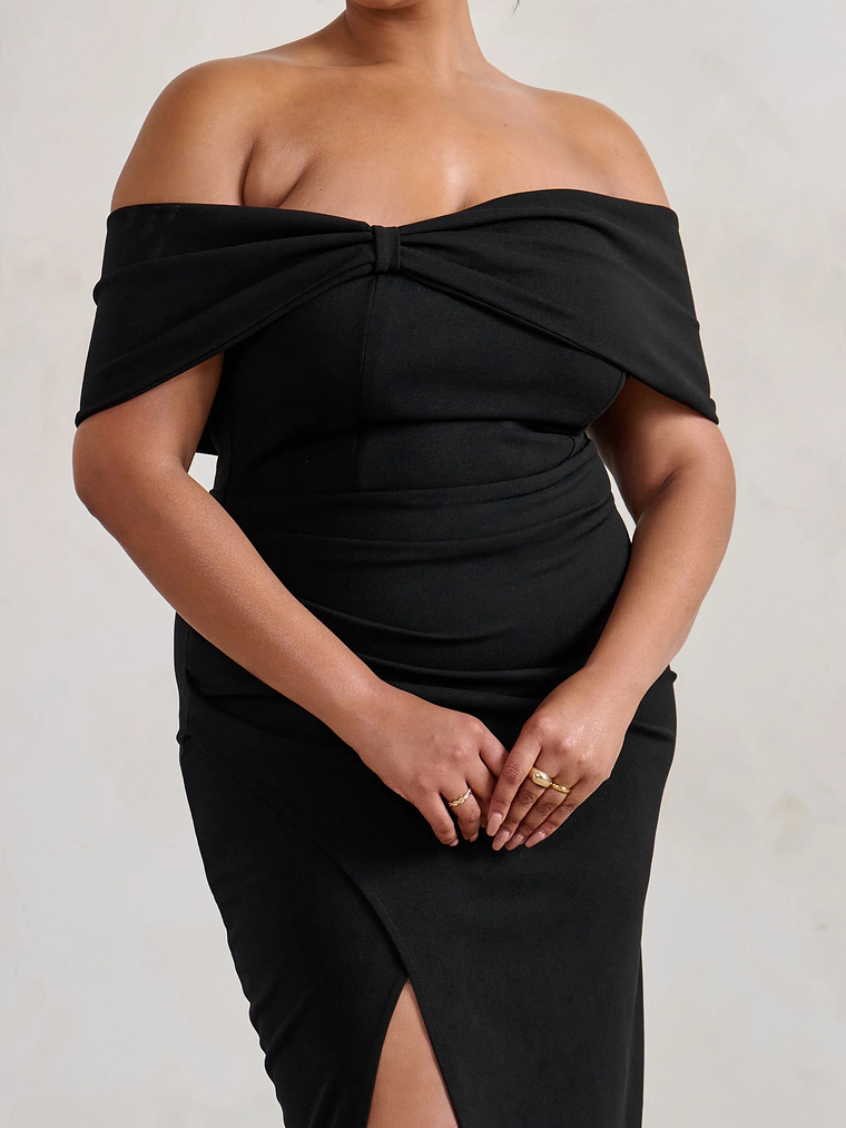 Eva | Black Bardot Bow Detail Maxi Dress With Thigh Split 6