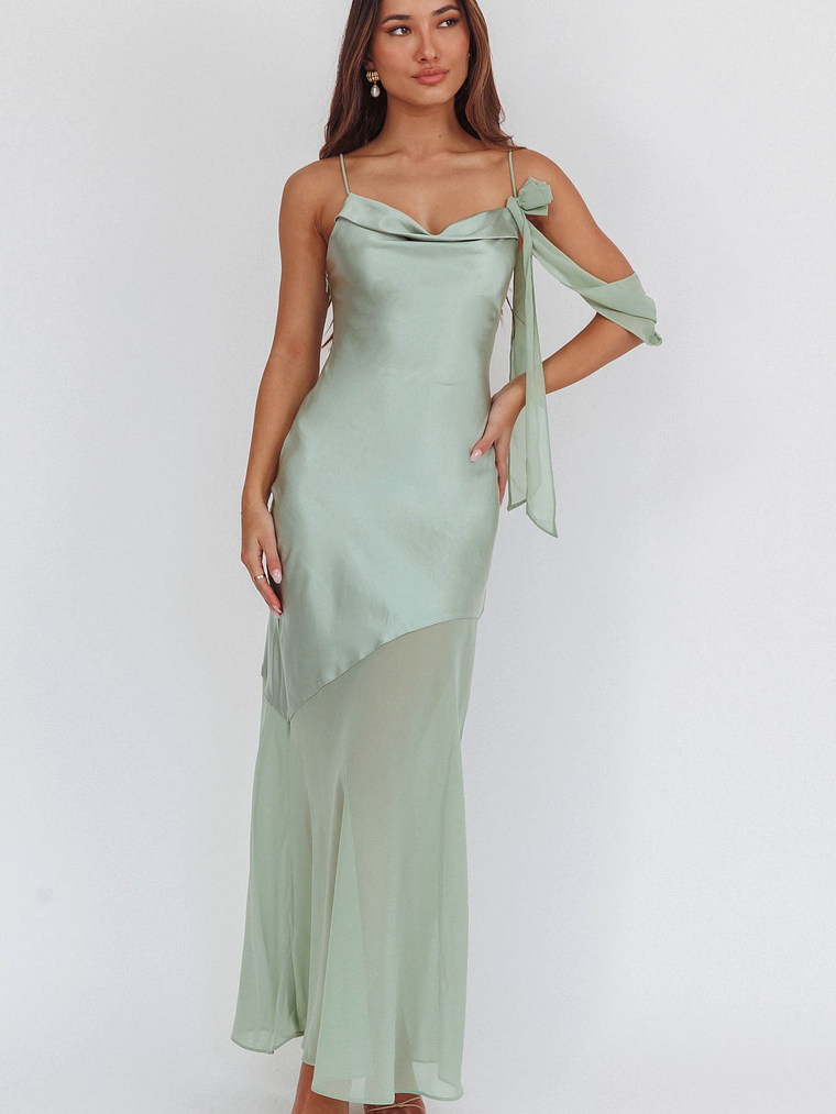 Gilded Dream Shoulder Detail Chiffon Hem Maxi Dress Sage 4