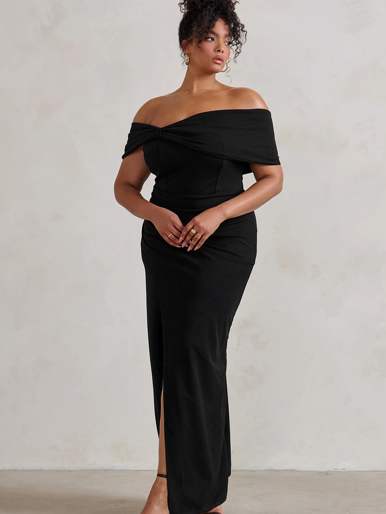 Eva | Black Bardot Bow Detail Maxi Dress With Thigh Split 8