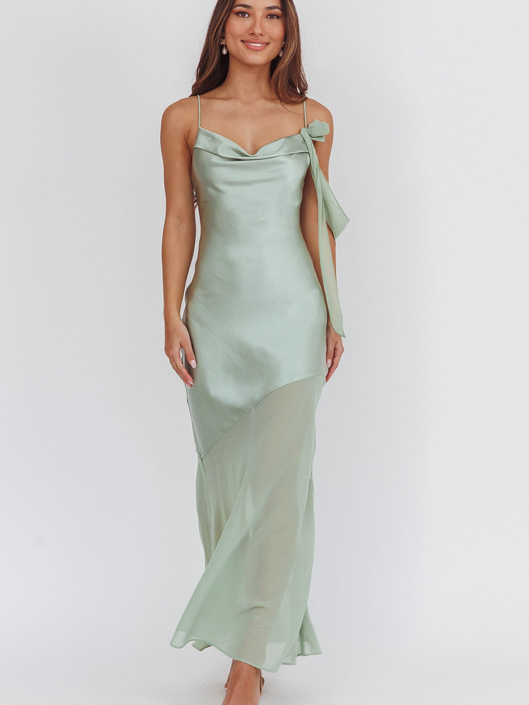 Gilded Dream Shoulder Detail Chiffon Hem Maxi Dress Sage 5