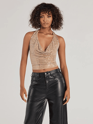 Glitzy Chic Cropped Rhinestone Halter Top