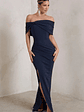 Eva | Navy Bardot Bow Detail Maxi Dress With Thigh Split - thumbnail 1