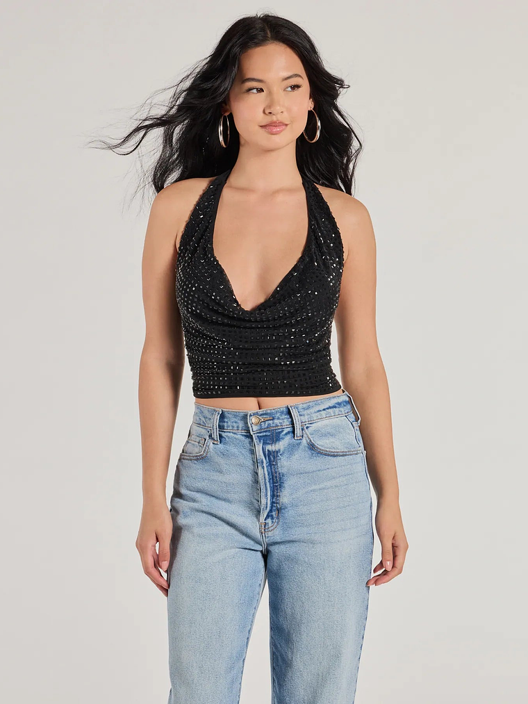 Glitzy Chic Cropped Rhinestone Halter Top 8