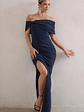Eva | Navy Bardot Bow Detail Maxi Dress With Thigh Split - thumbnail 4