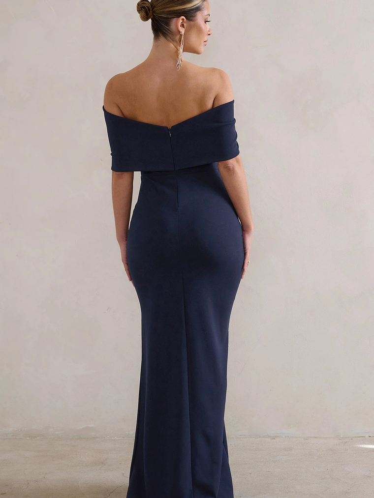 Eva | Navy Bardot Bow Detail Maxi Dress With Thigh Split 2