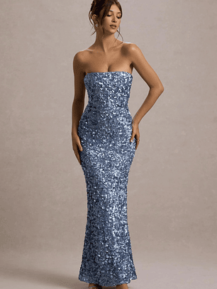 Evabeth | Powder Blue Sequin Strapless Maxi Dress