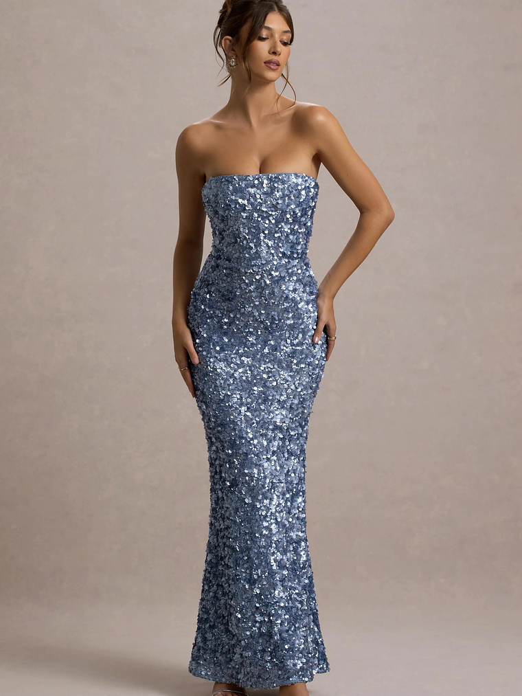 Evabeth | Powder Blue Sequin Strapless Maxi Dress 1