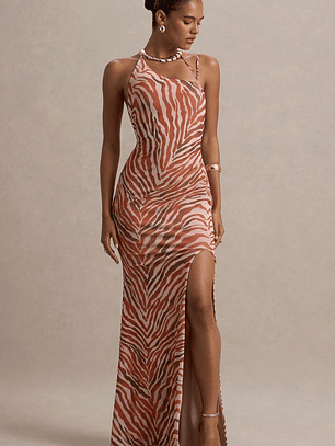 Florica | Zebra Print Mesh Asymmetric Maxi Dress With Split
