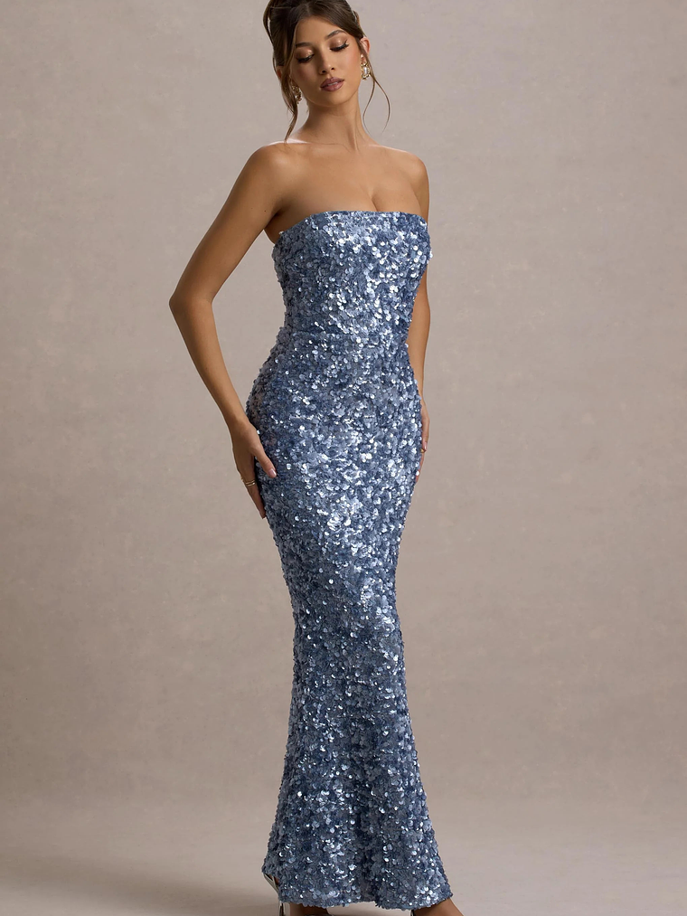 Evabeth | Powder Blue Sequin Strapless Maxi Dress 4