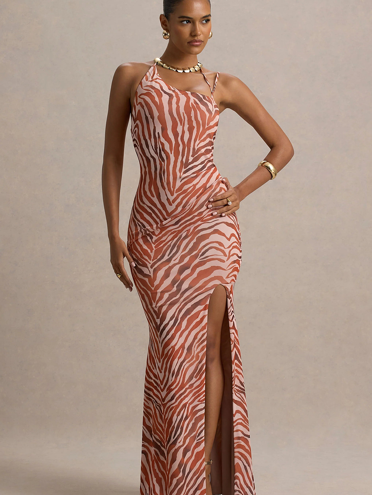 Florica | Zebra Print Mesh Asymmetric Maxi Dress With Split 4