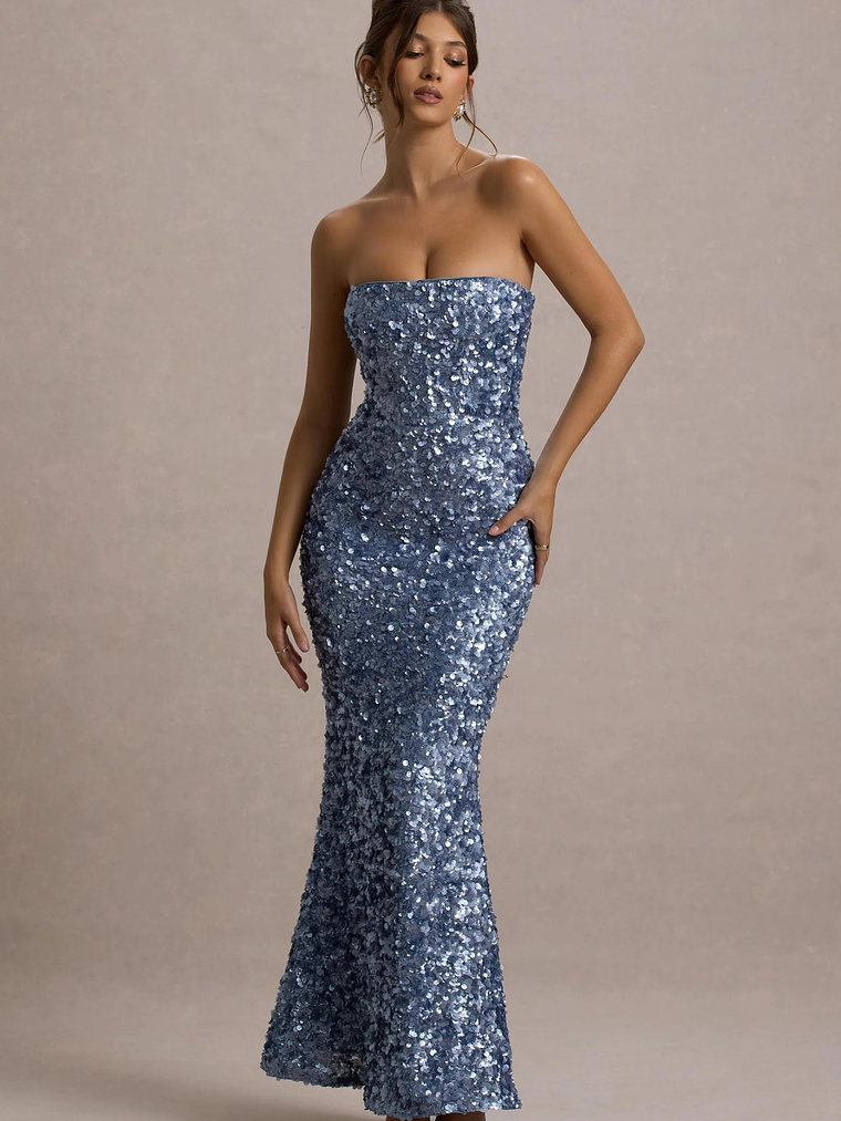 Evabeth | Powder Blue Sequin Strapless Maxi Dress 5