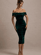 Gratitude | Bottle Green Velvet Off The Shoulder Ruched Midi Dress - thumbnail 1