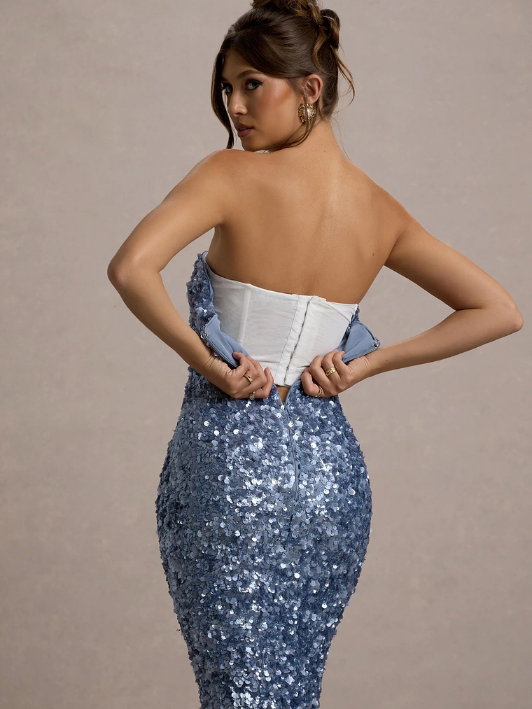 Evabeth | Powder Blue Sequin Strapless Maxi Dress 7