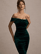 Gratitude | Bottle Green Velvet Off The Shoulder Ruched Midi Dress - thumbnail 3