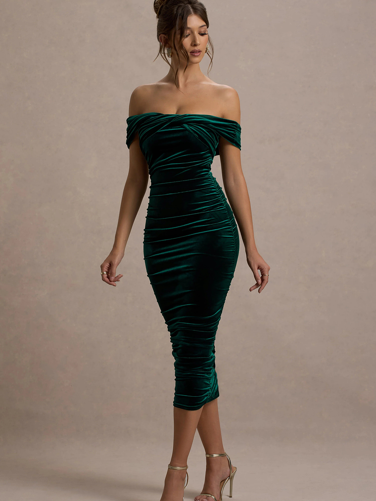 Gratitude | Bottle Green Velvet Off The Shoulder Ruched Midi Dress 4