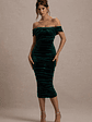 Gratitude | Bottle Green Velvet Off The Shoulder Ruched Midi Dress - thumbnail 5